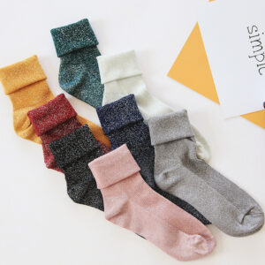 Winter Cotton Solid Shiny Woman Simple Socks Fashion Art Fold Female Student Thick Warm Socks Shiny Metallic Line Sock