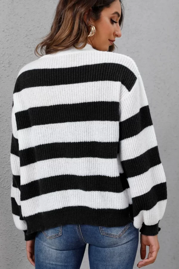 New autumn and winter women's clothing contrasting striped button spliced woven sweater jacket - Image 5