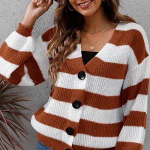 New autumn and winter women's clothing contrasting striped button spliced woven sweater jacket