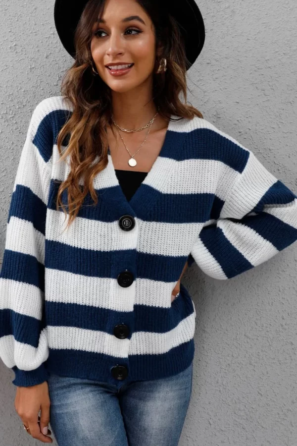 New autumn and winter women's clothing contrasting striped button spliced woven sweater jacket - Image 7