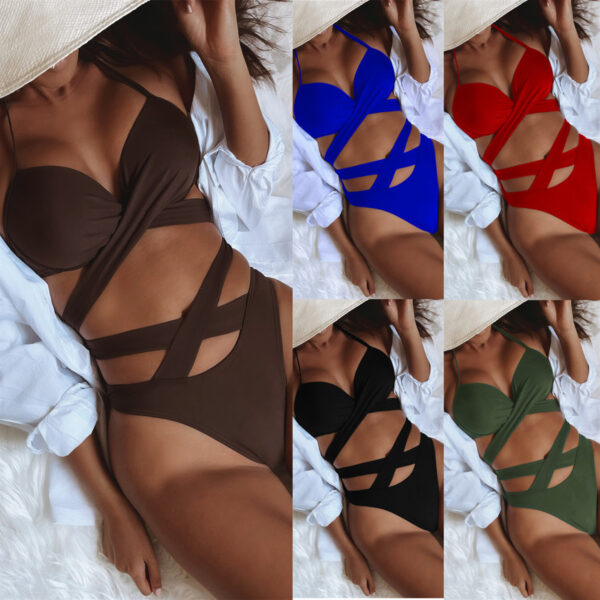 Bikini Solid Color Sexy Female Split Swimsuit High Waist Strap Swimsuit - Image 6