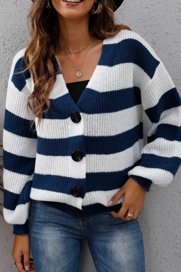 New autumn and winter women's clothing contrasting striped button spliced woven sweater jacket - Image 9
